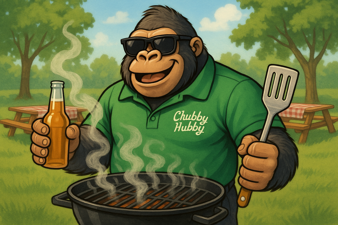 gorilla at a cookout wearing a kelly green colored golf style polo with the logo "Chubby Hubby" on it and wearing sunglasses. Have the gorilla holding a beer in one hand and a spatula in the other standng over the grill.