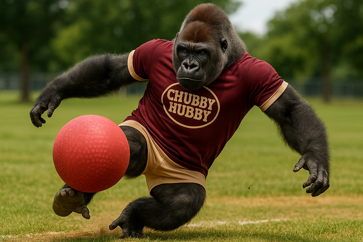 Gorilla playing kickball while smoking a cigar. Wearing a Maroon and Beige jersey with the "Chubby Hubby" logo.
